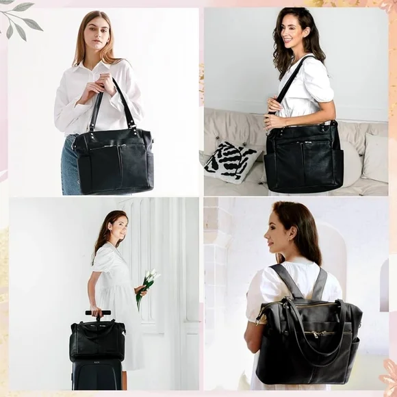 Mominside Black Leather Baby Diaper Bag Backpack, 14 Pockets & Changing Pad - Picture 7 of 16